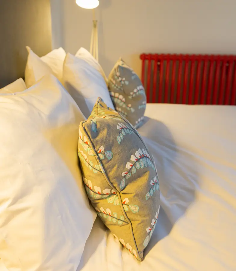 Deluxe Sea View room, up close shot of feature cushions on the bed