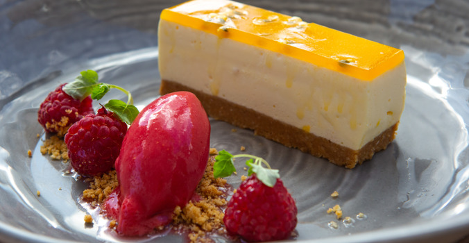 Passionfruit Cheesecake with Raspberry Sorbet
