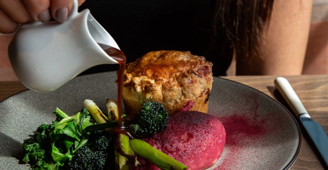 Steak and Mushroom Pie and beetroot mash