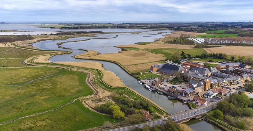 An aerial view of the River Alde at Snape Maltings in Suffolk, UK