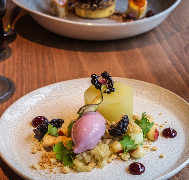 The Crown and Castle, Orford, Apple Fondant with blackberries dessert dish